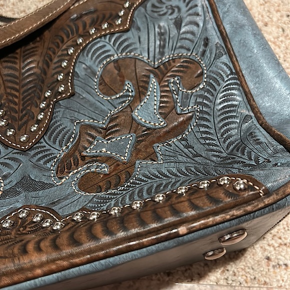 American West Gorgeous Light Blue/Brown Floral Leather Shoulder Bag Purse 🌸🌸 - Picture 13 of 14